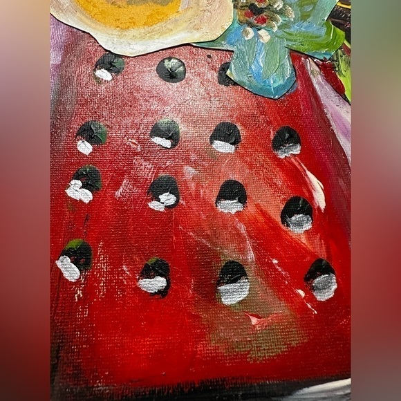Original Art Painting Mixed Media Acrylic Collage on Canvas Board Red Floral - Picture 4 of 12